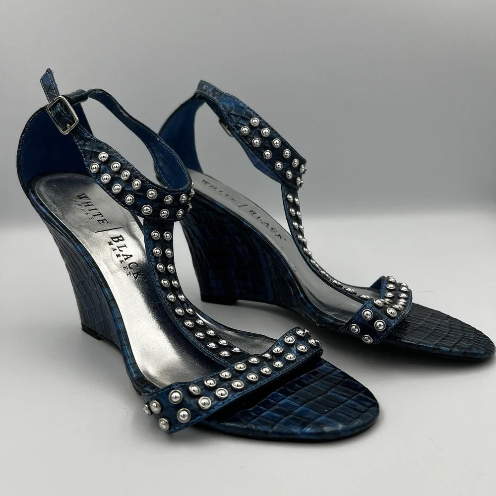 White House Black Market Paris Blue Studded Ankle Strap Wedges‎ Size 9.5